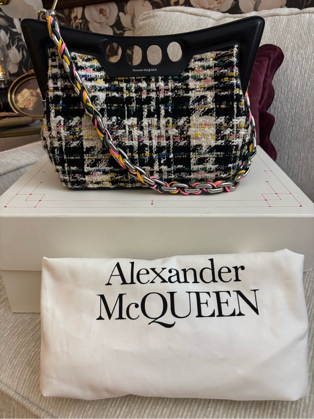 Alexander McQueen Small Peak Shoulder Bag Tweed Leather Multicolor Chain